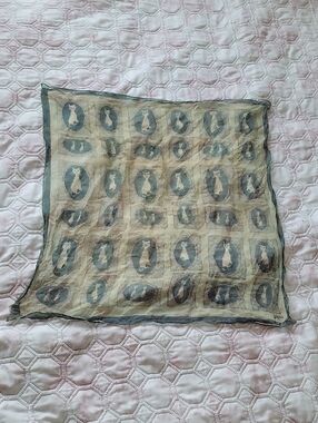 Vintage Beige and Teal Cat Motif Silk Scarf